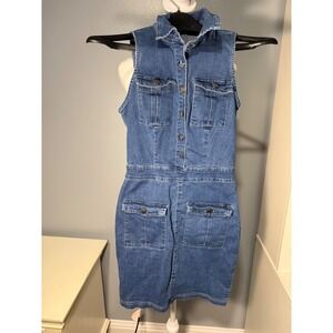 Fashion Nova Blue Denim Sleeveless Utility Button Front Mini Dress Size XS
